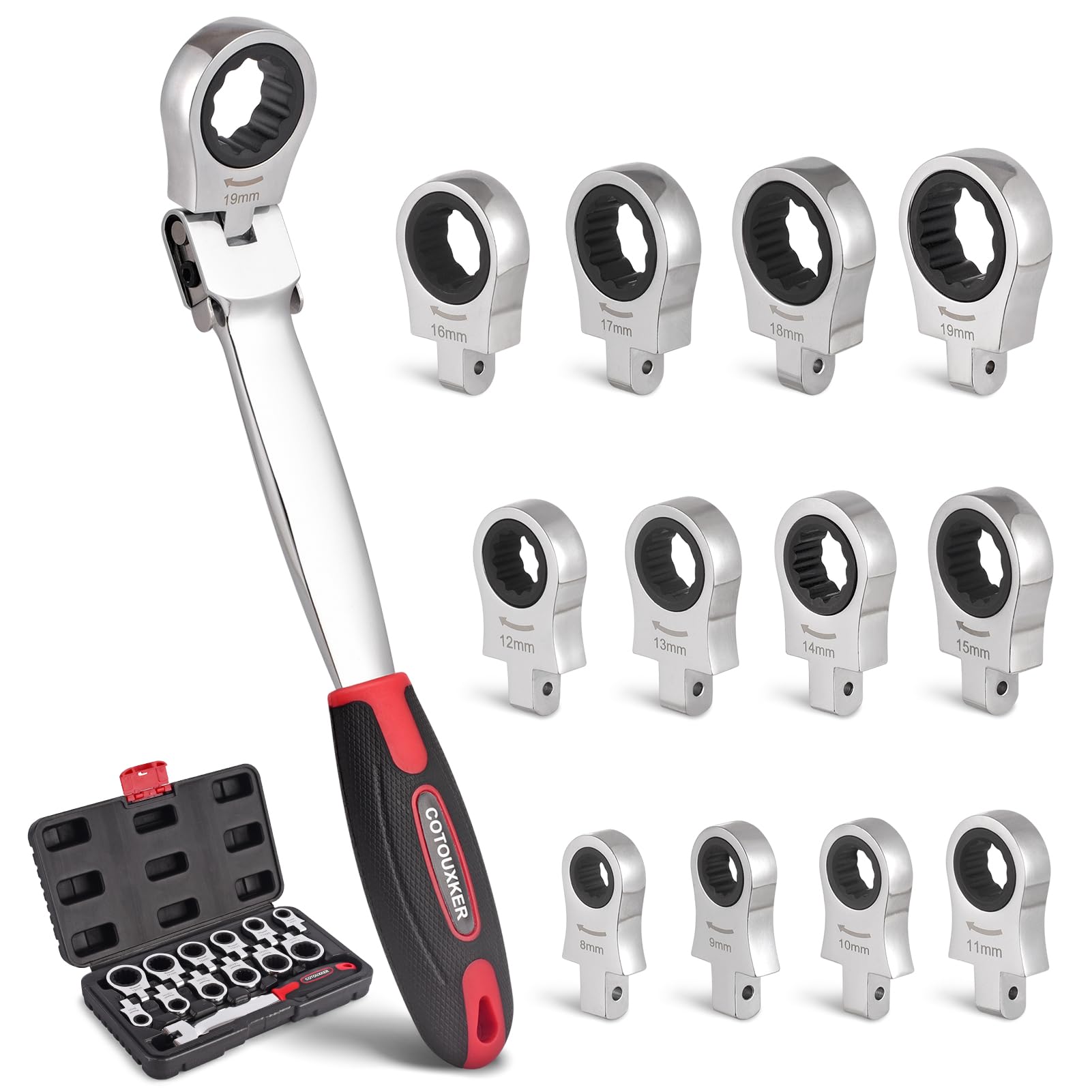 COTOUXKER flex head ratcheting wrench set shows 180-degree rotation for hard-to-reach bolts.
