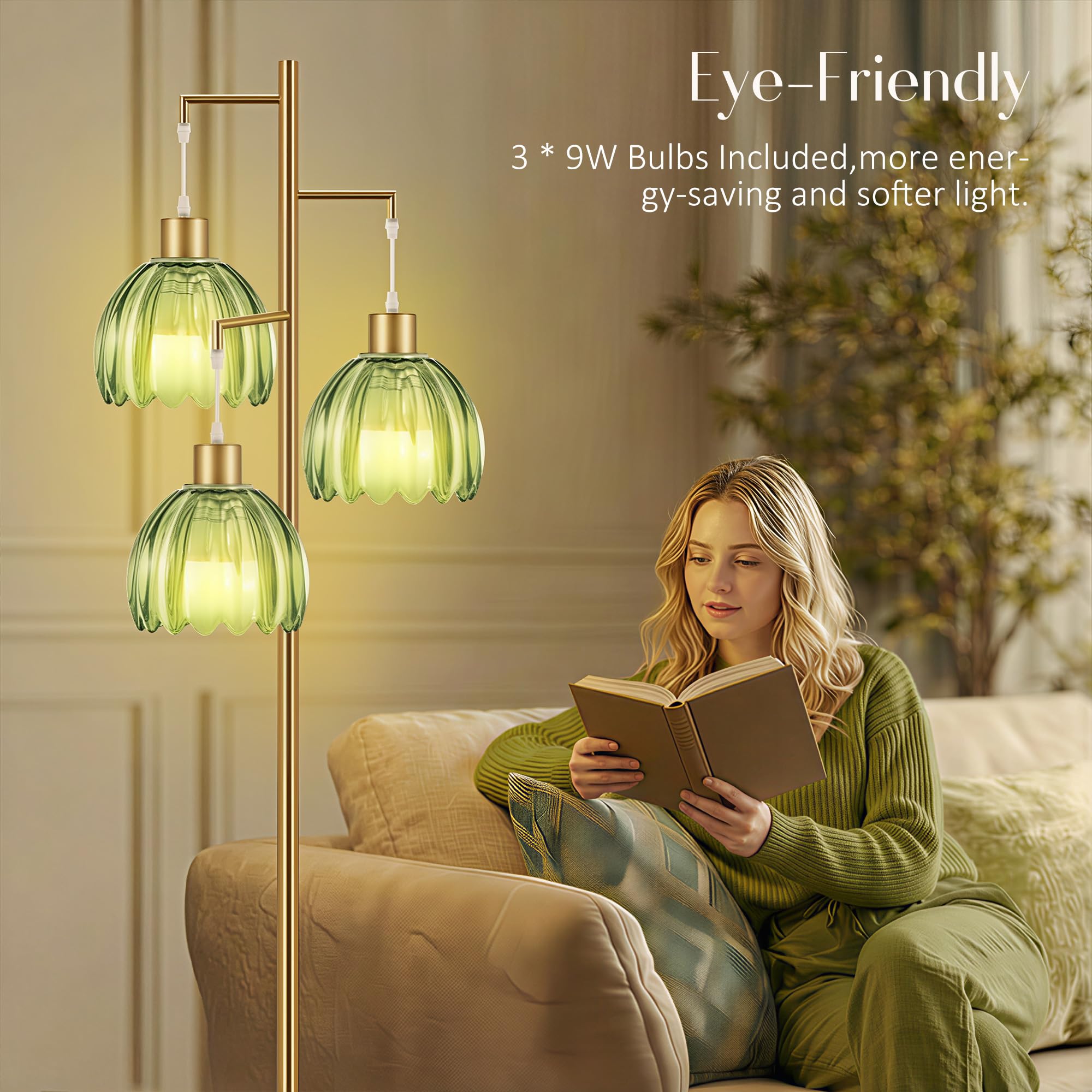 COTTHOS gold floor lamp with green glass shades adds warm ambiance