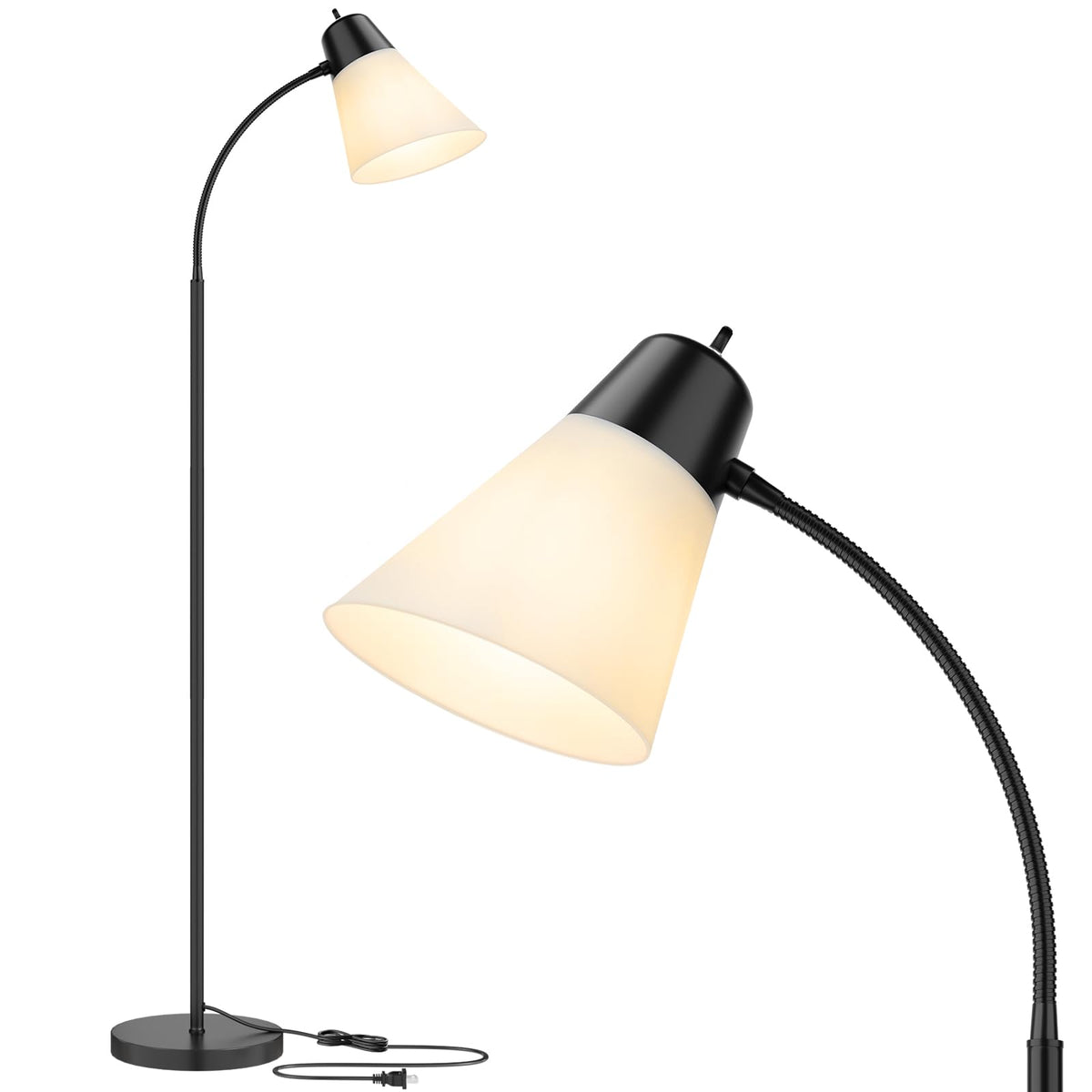 Coucrek floor lamp with adjustable gooseneck for precise seating-area lighting