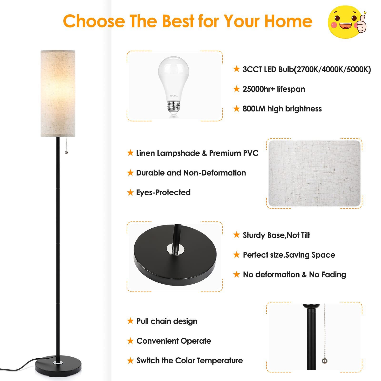 Coucrek floor lamp pull-chain control for easy operation