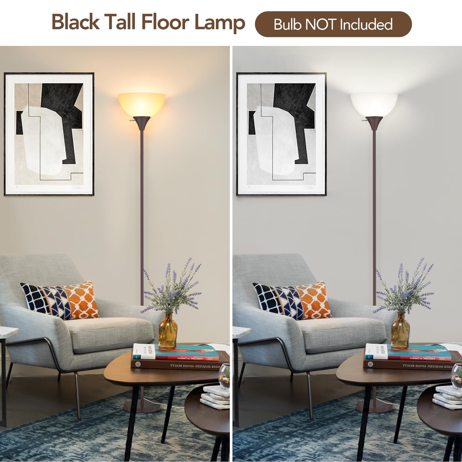Coucrek floor lamp shows the white plastic shade and soft lighting