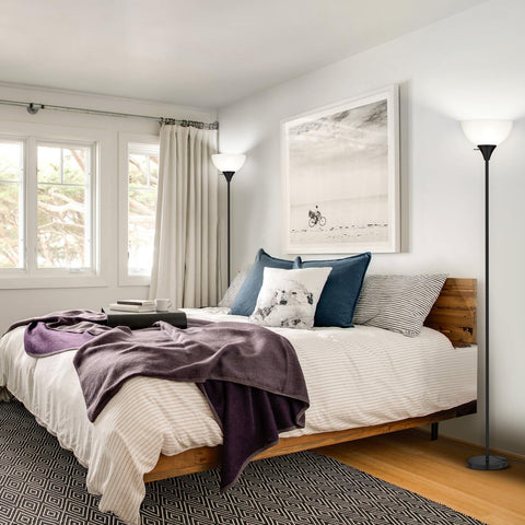 Coucrek floor lamp white plastic shade diffuses warm light softly.