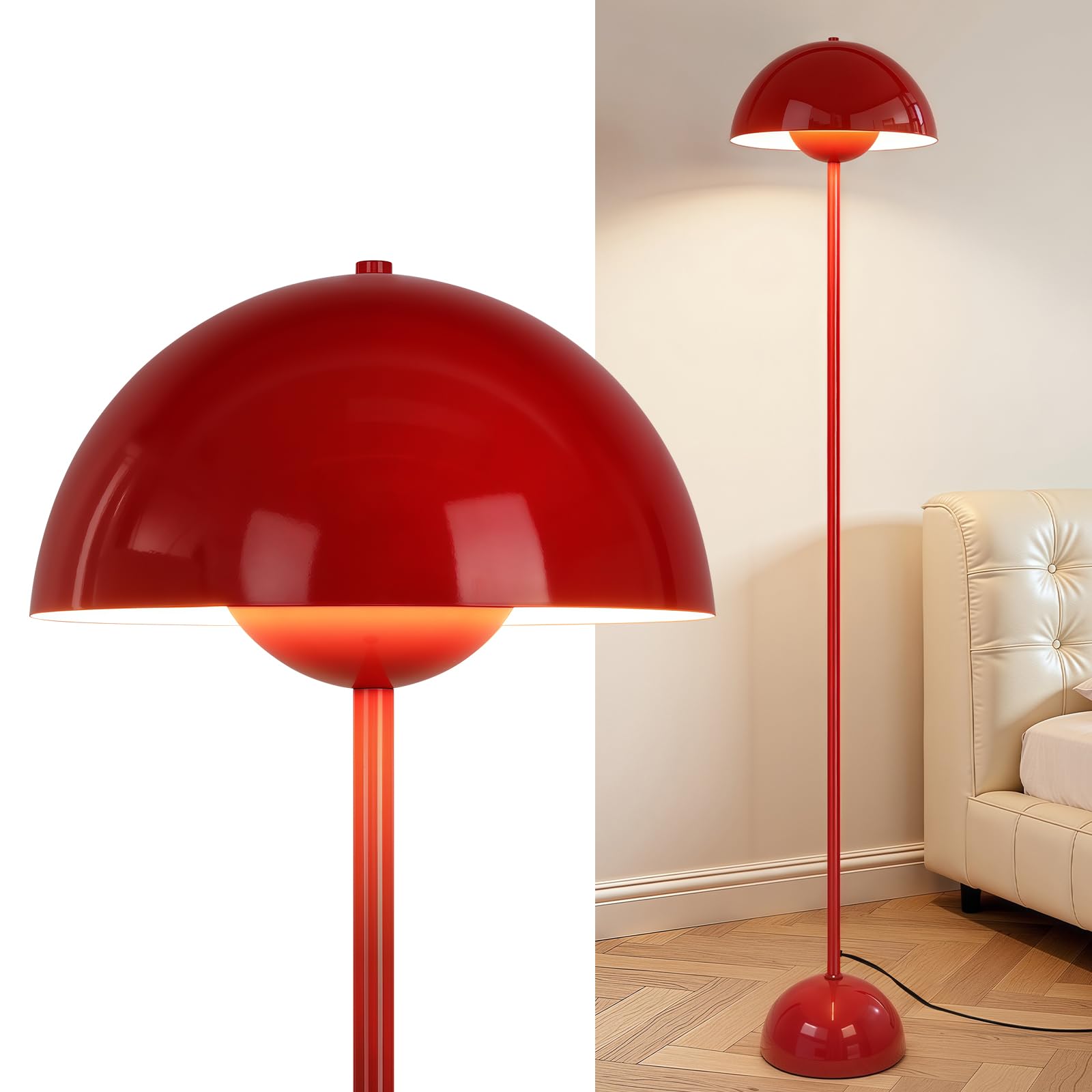 Coucrek red floor lamp with downward bowl shade for soft ambient lighting.