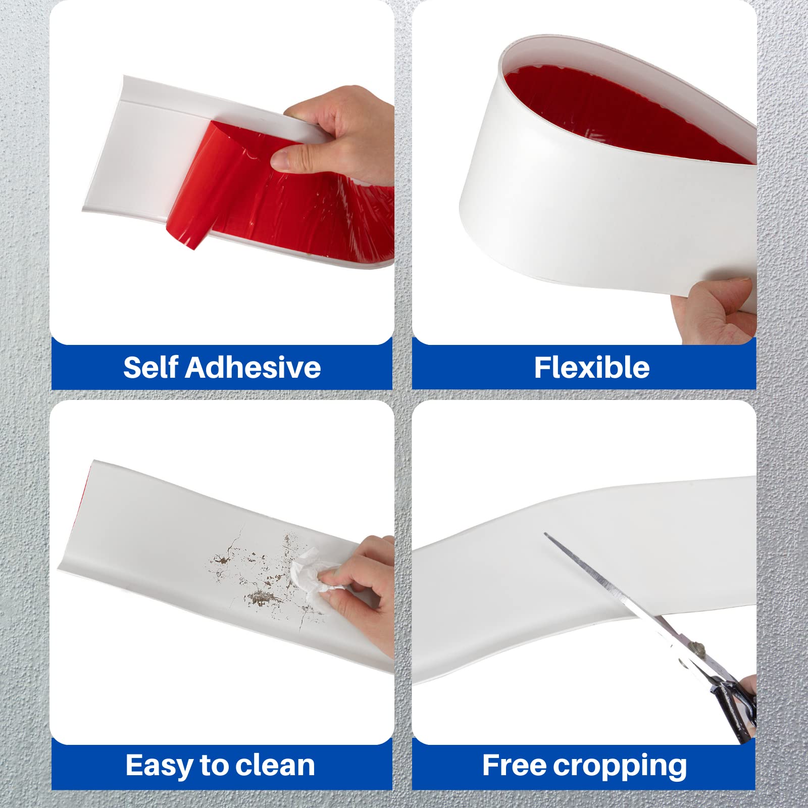 COUKIU adhesive-backed baseboard close-up showing strong backing for easy installation.