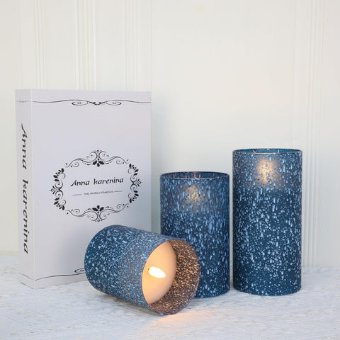 COVEGE blue pillar candle 3x4 in sand blasted glass display