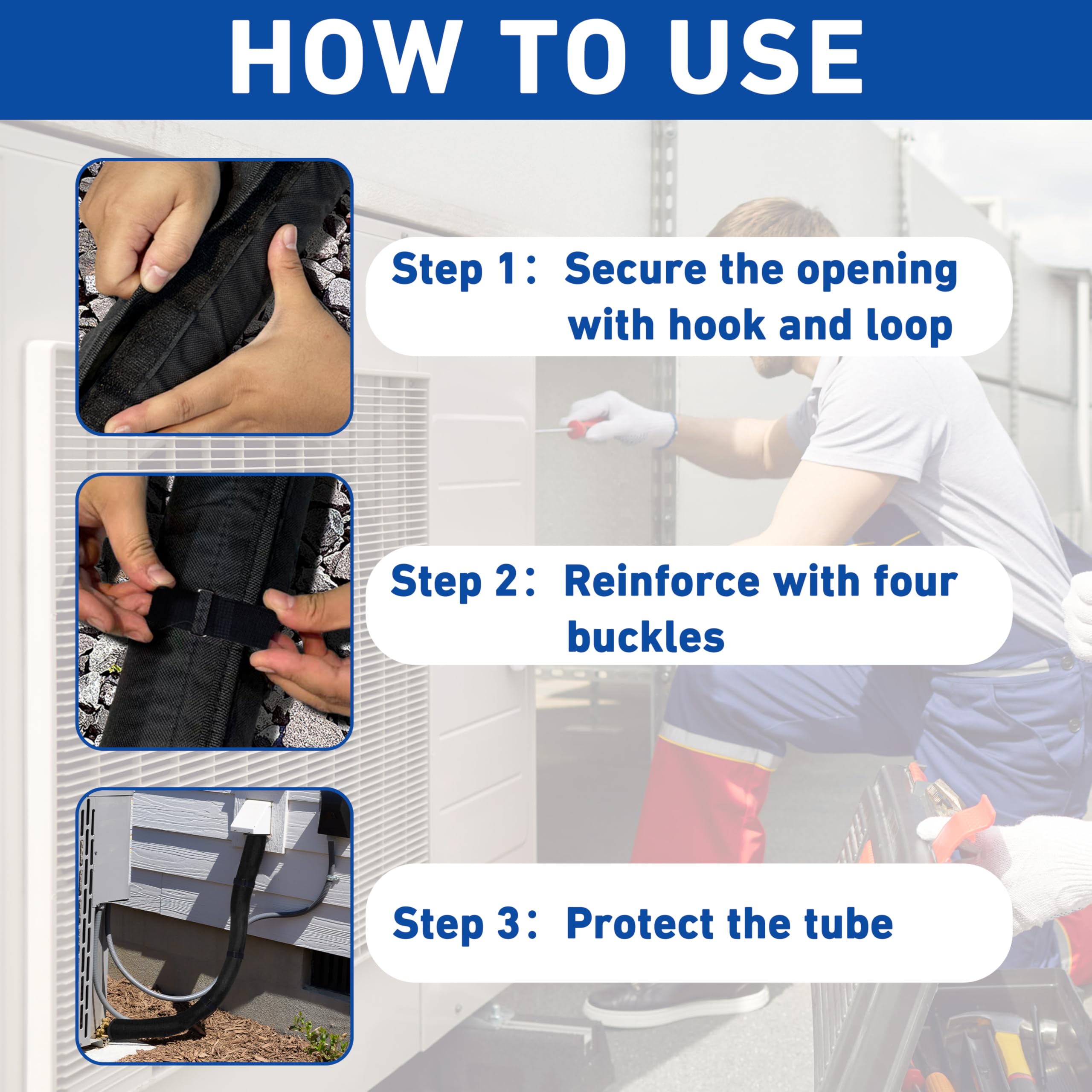 COVERTIFY easy-install buckles for quick, adjustable fitting around copper lines