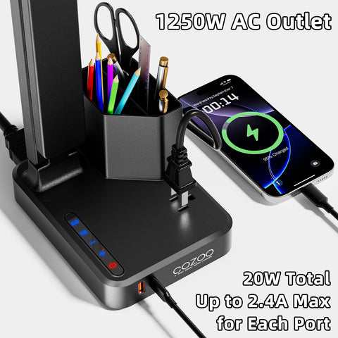 Cozoo LED desk lamp AC outlet provides steady power for tools