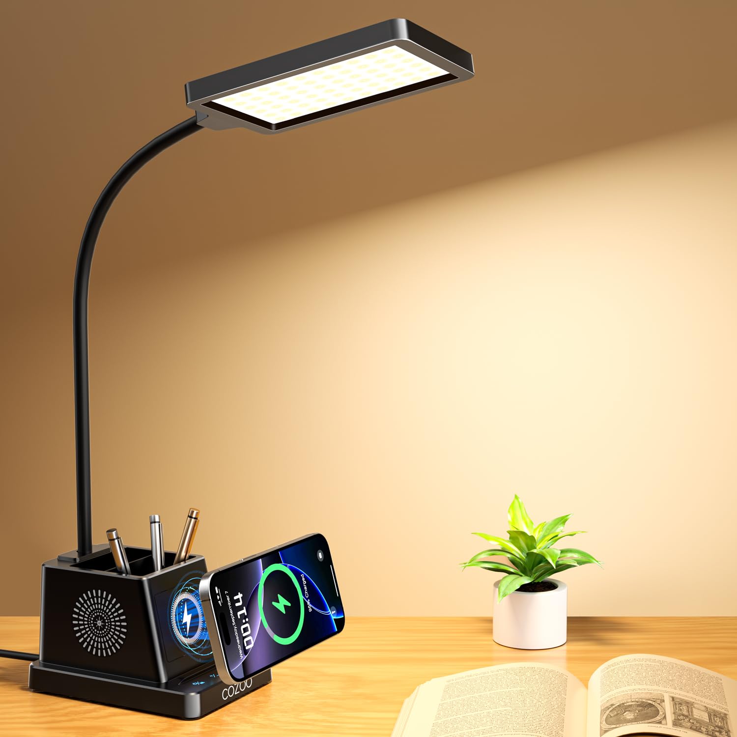 Cozoo LED desk lamp with wireless charger lighting your workspace