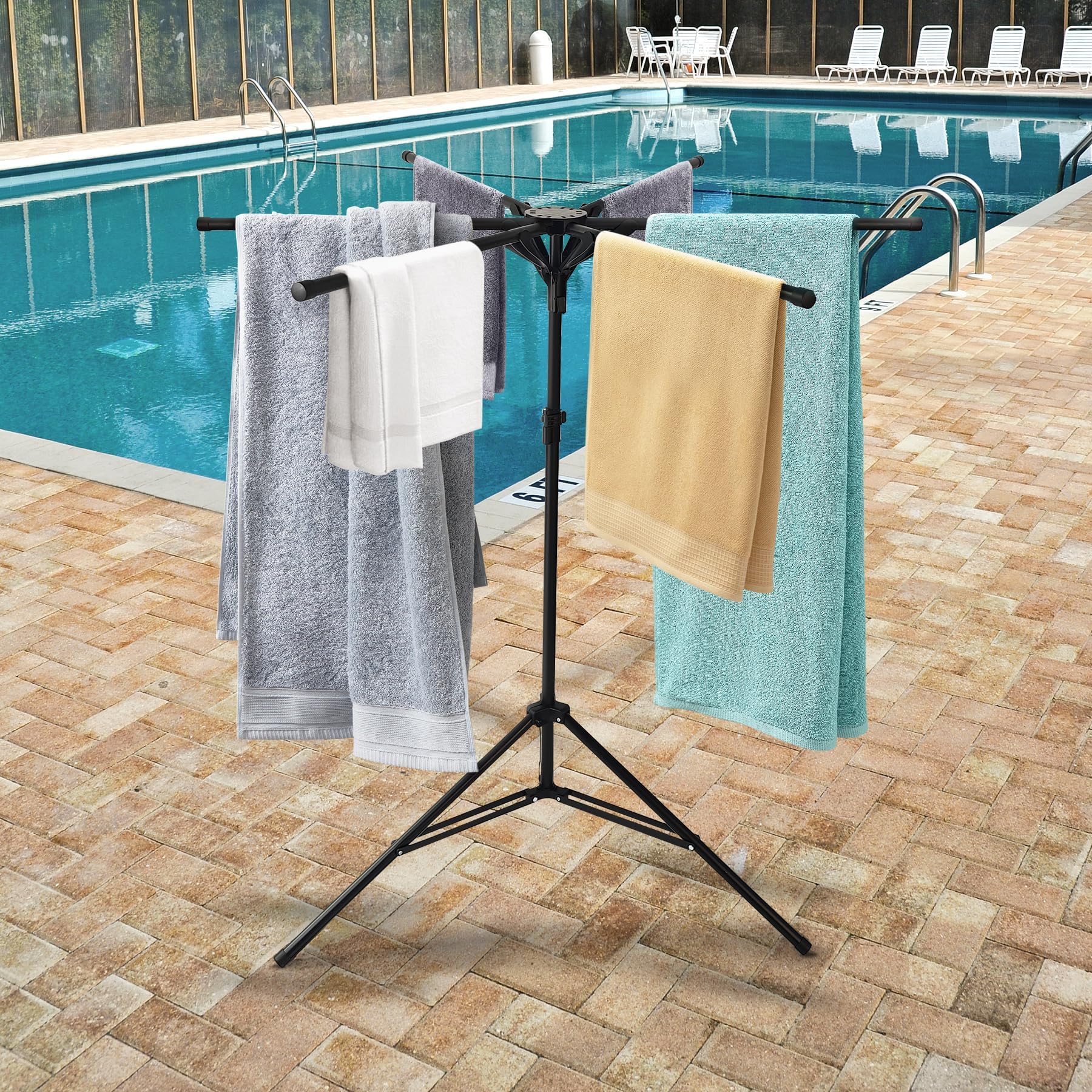 CozyNova Pool Towel Rack Adjustable Height demonstrates 51-71 inch range.