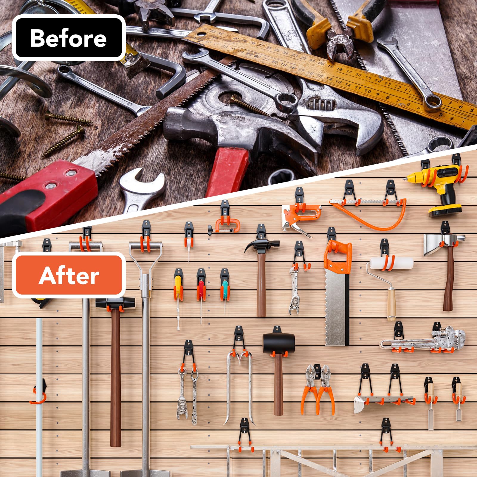 Cpais garage organization on wall maximizes floor space.