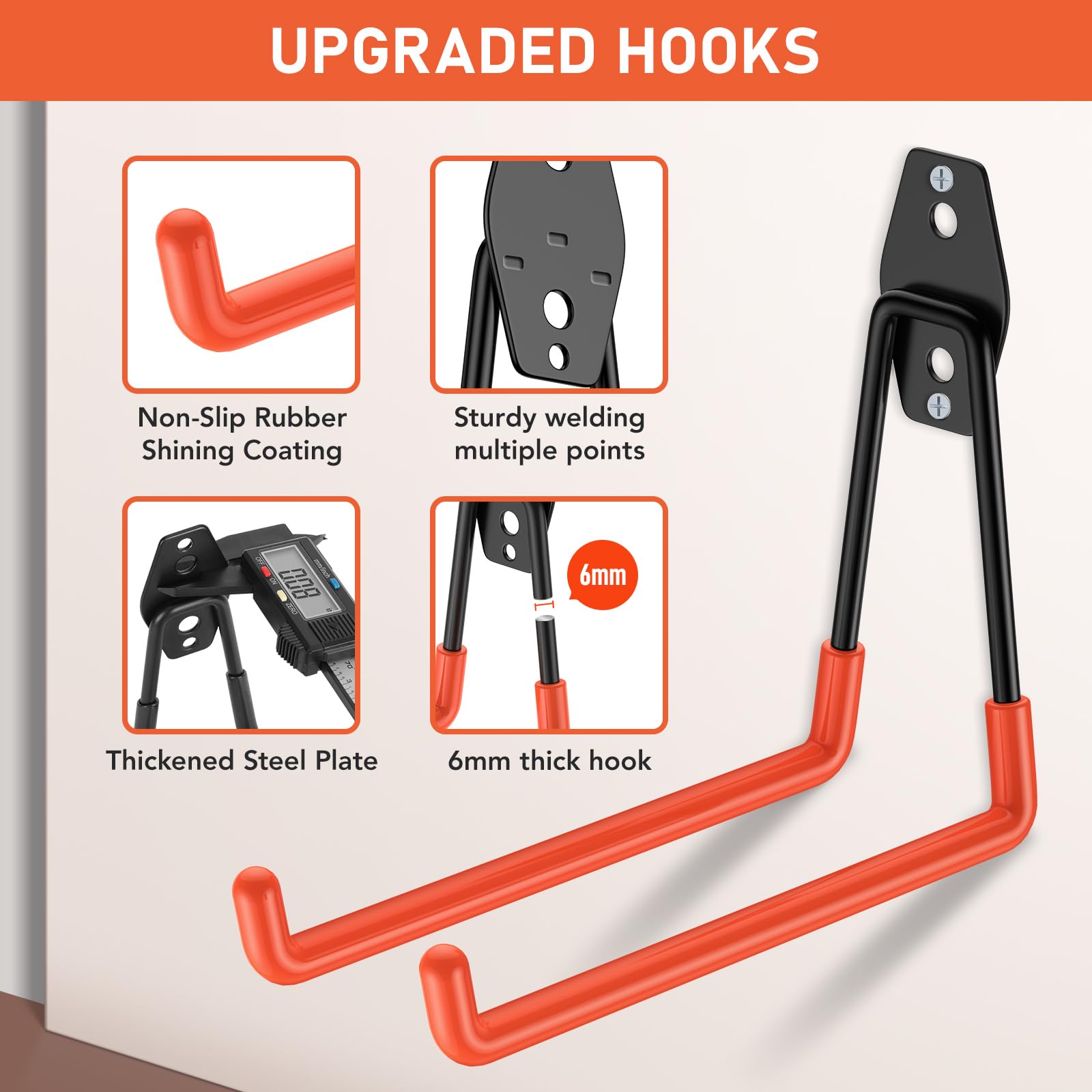 Cpais garden tools organized on wall with durable hooks.