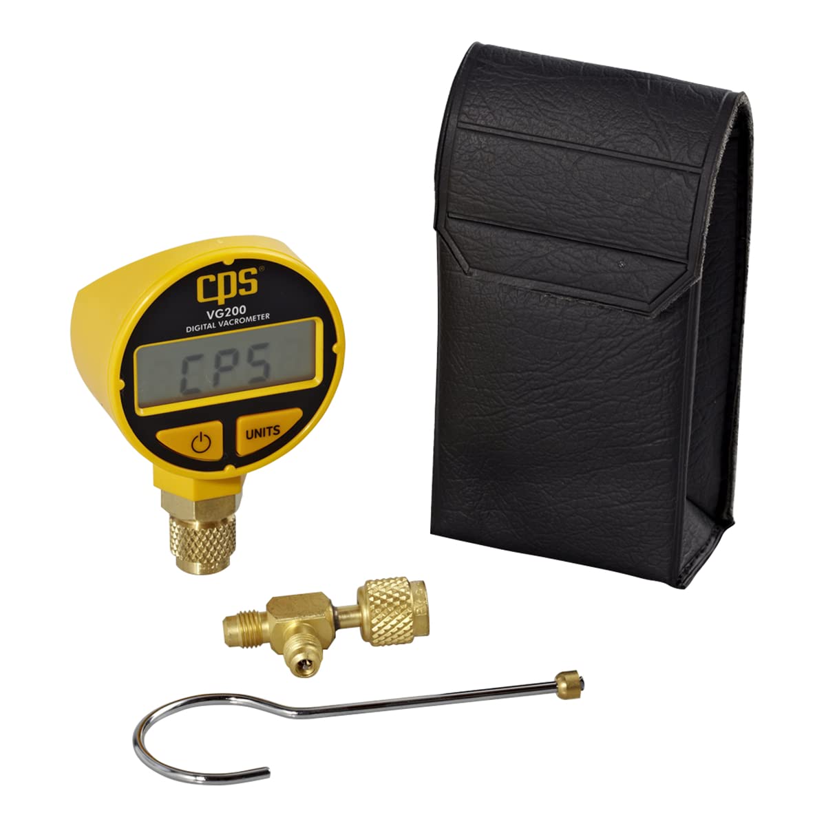 CPS VG200 digital vacrometer LCD display showing micron readings for precise vacuum measurements.