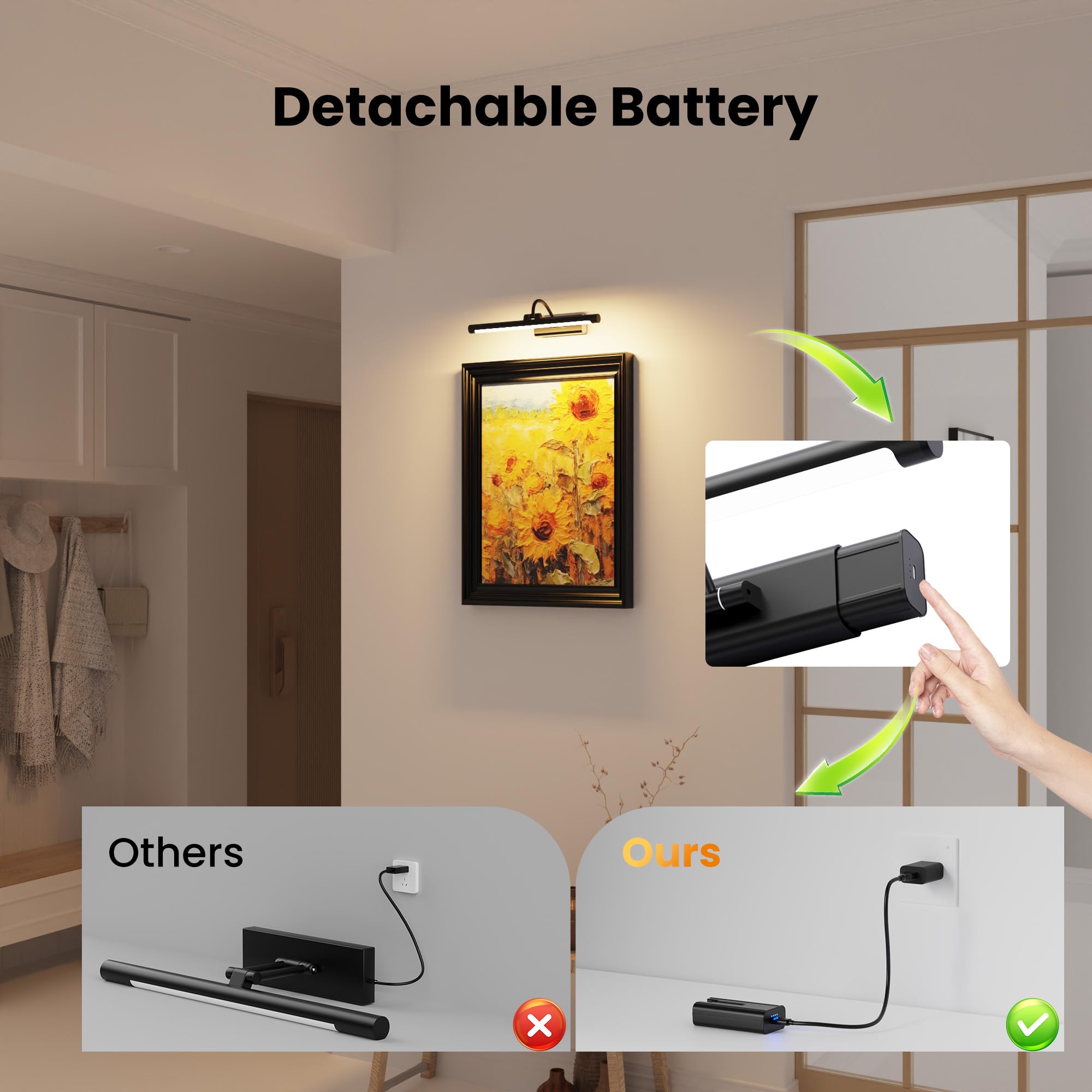 Craftersmark 16-inch picture light detachable battery lets you swap power quickly.