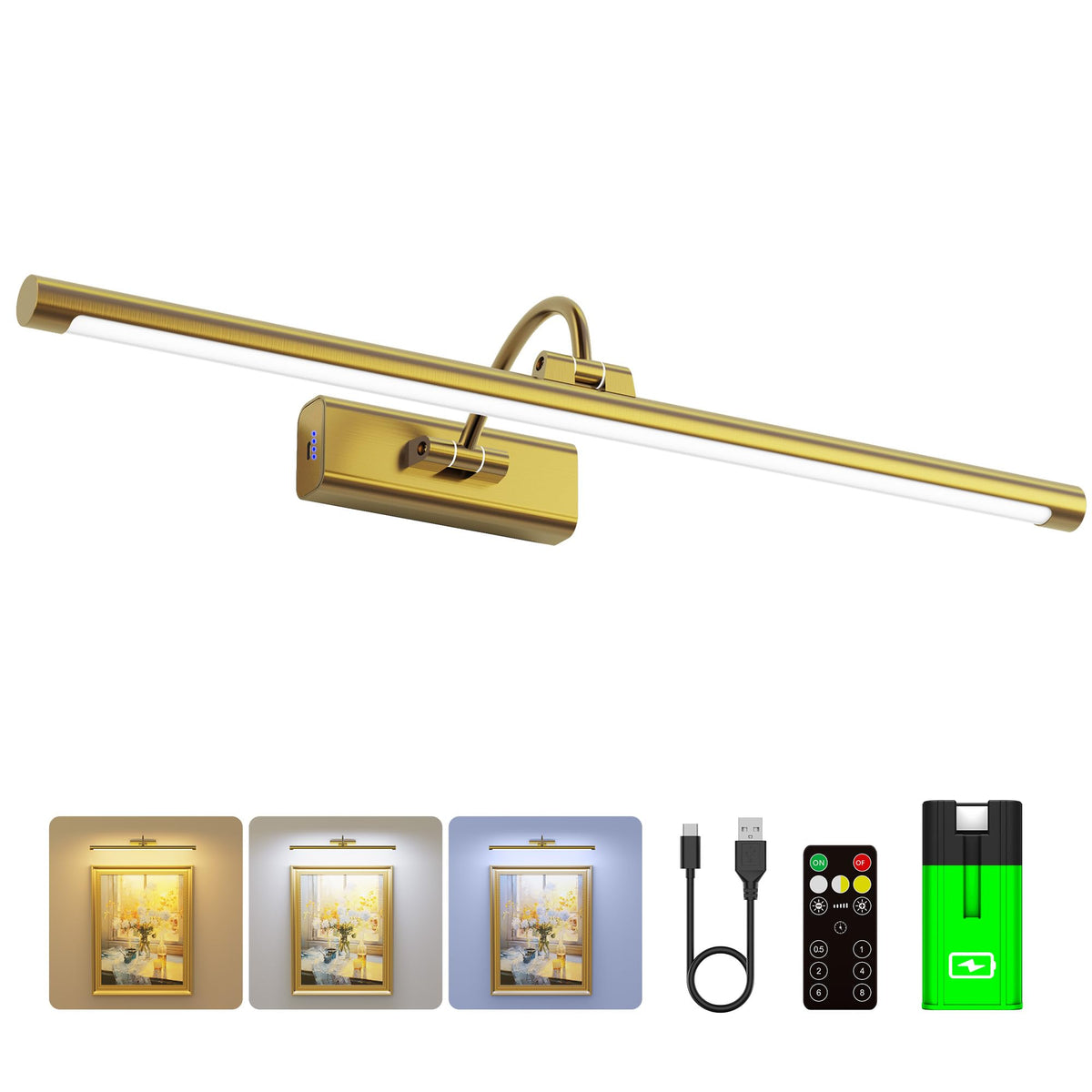 Craftersmark 24-inch frame light with brass finish highlighting artwork gently.