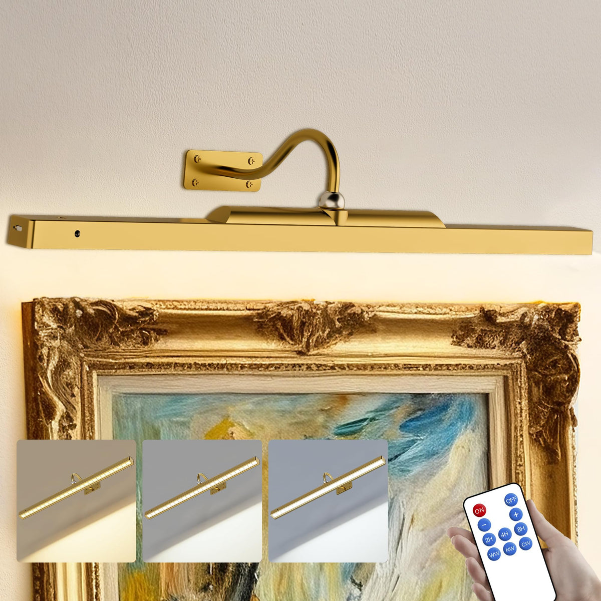 Craftersmark 24-inch brass picture light highlighting artwork with even illumination.