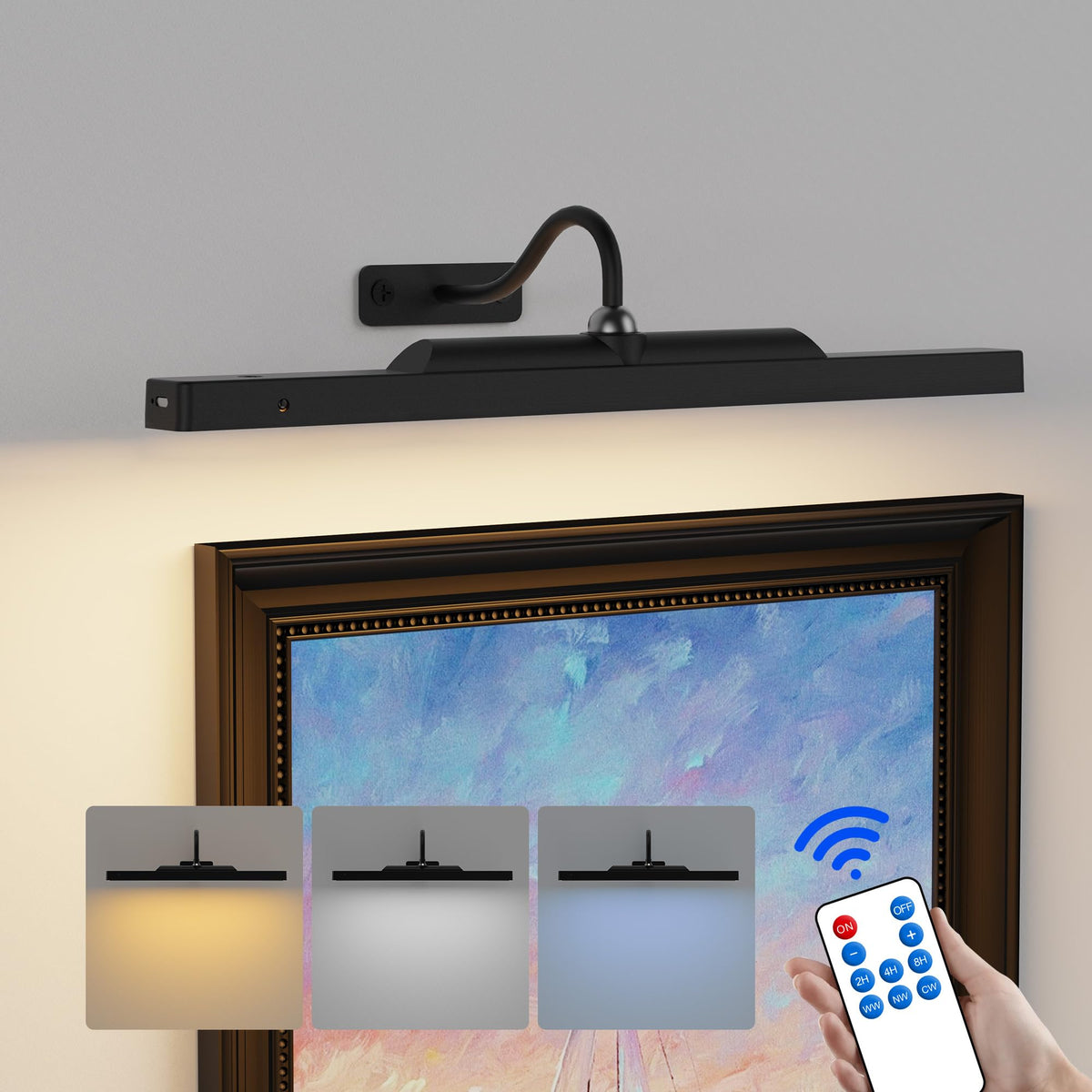 Craftersmark dimmable cordless picture light with 16-inch bar evenly illuminates artwork.