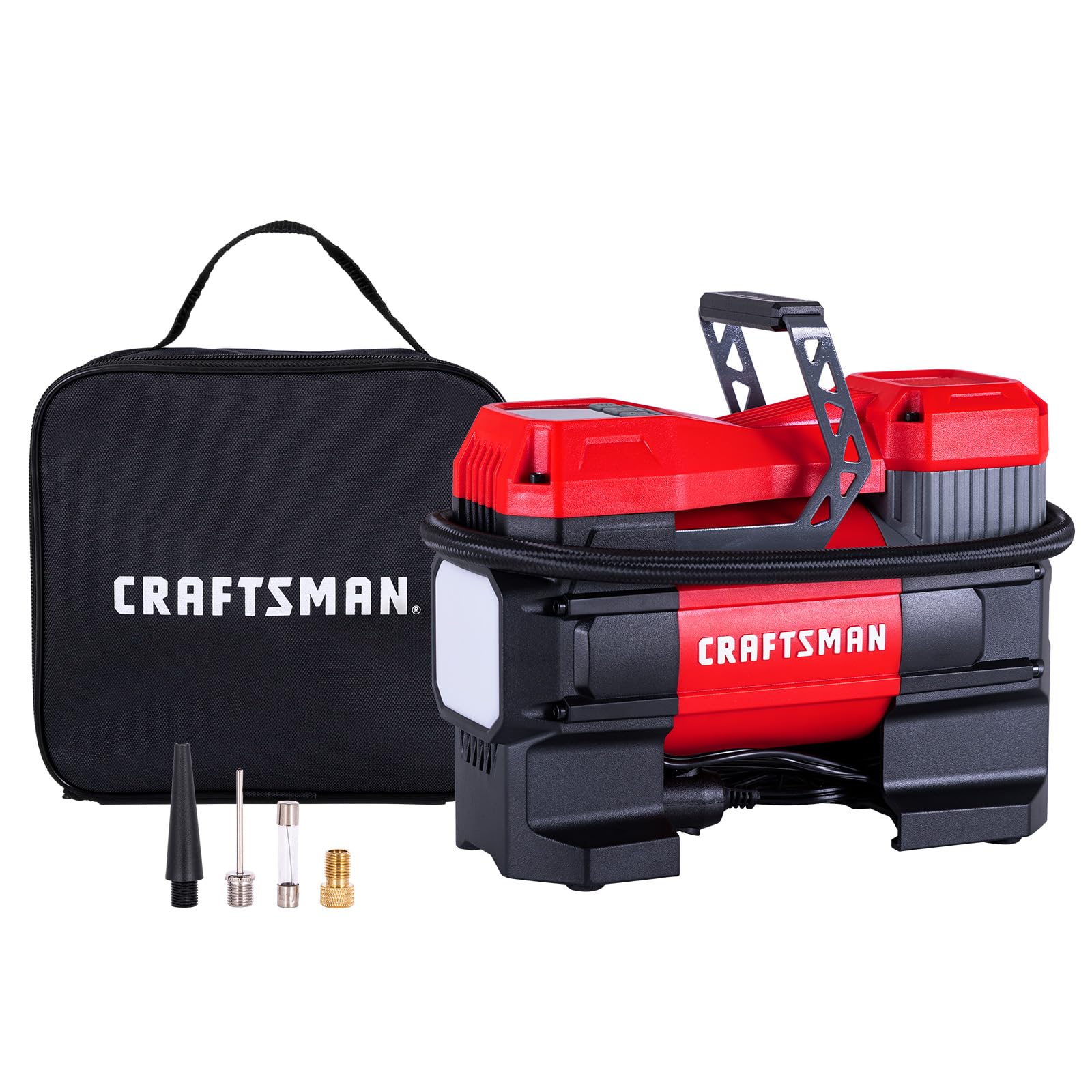Craftsman portable inflator with long cord and air hose ready for driving environments.
