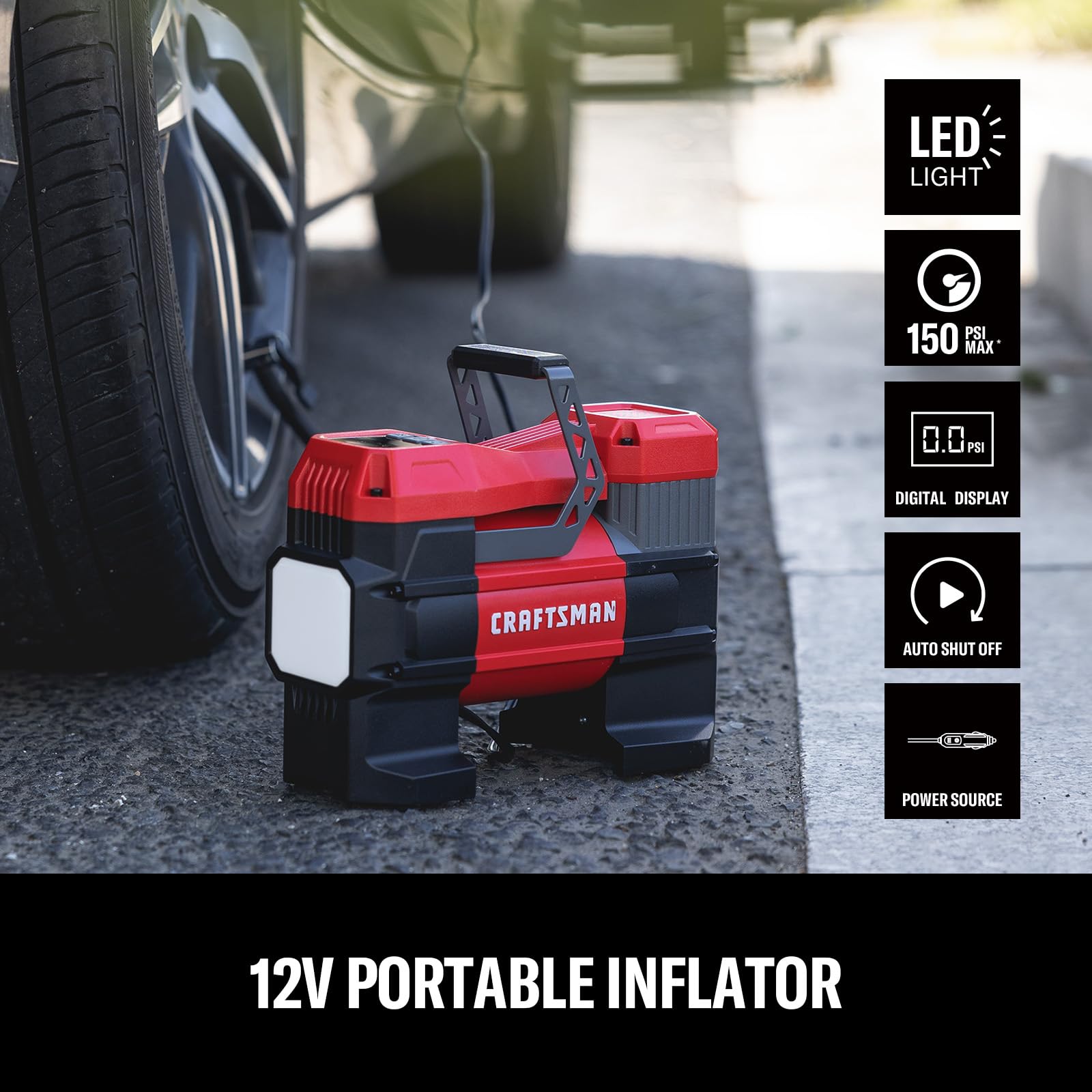 Craftsman 12V inflator with LED light for night inflation.
