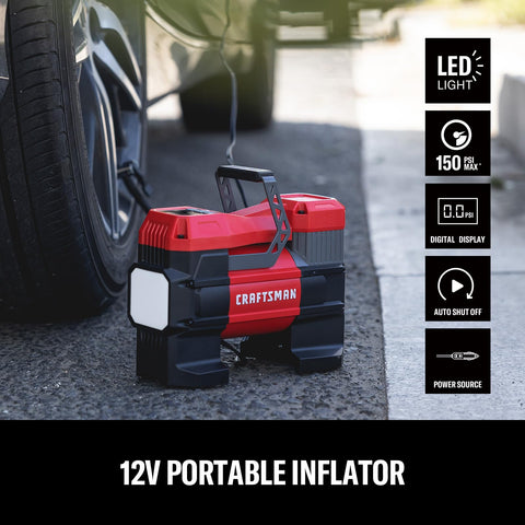 Craftsman 12V inflator with LED light for night inflation.