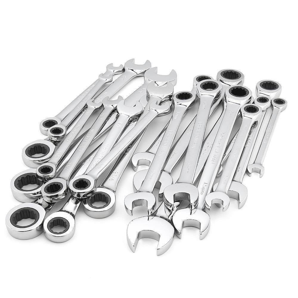 Craftsman 20-pc ratcheting wrench set with metric and SAE sizes, polished finish.