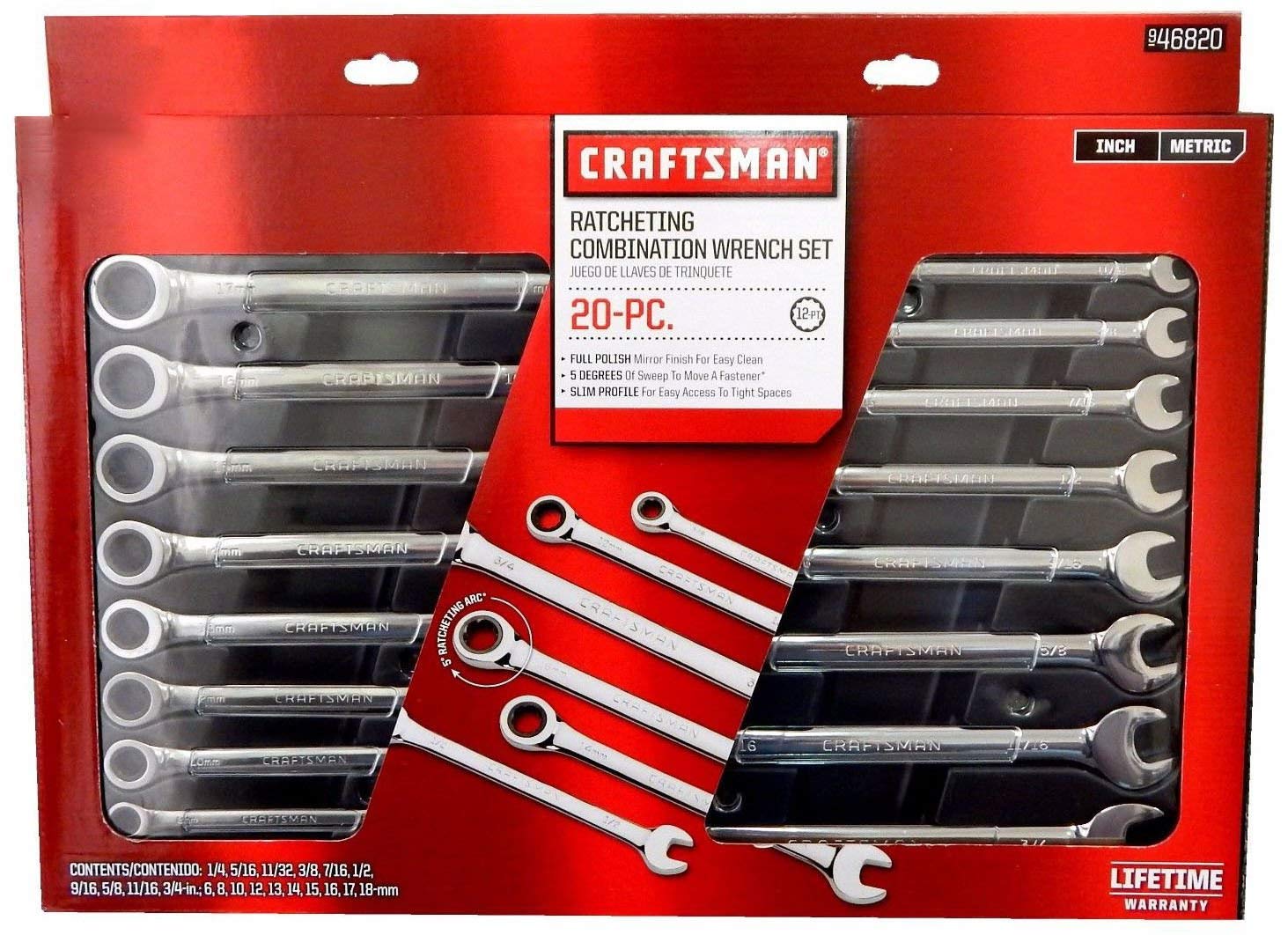 Craftsman 20-pc ratcheting wrenches shown with slim profile reaching tight bolts.