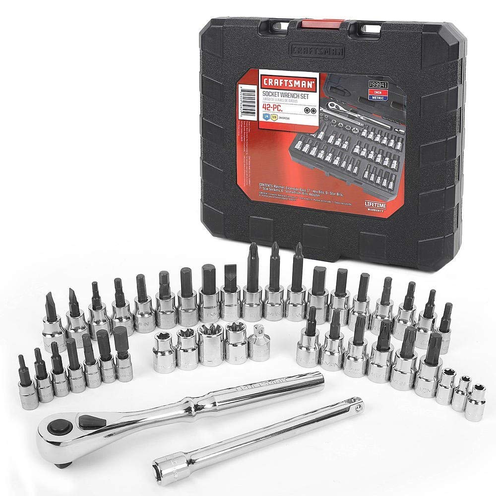 Craftsman 42-piece hex and Torx set with quick-release ratchet for fast turning.