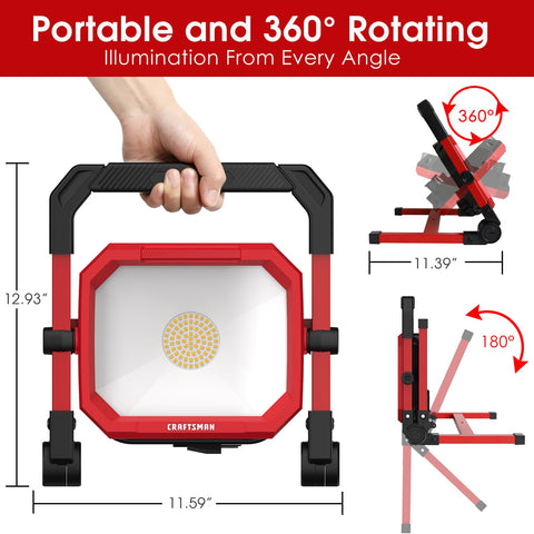 Craftsman 4500LM LED work light side view highlighting fold-flat design