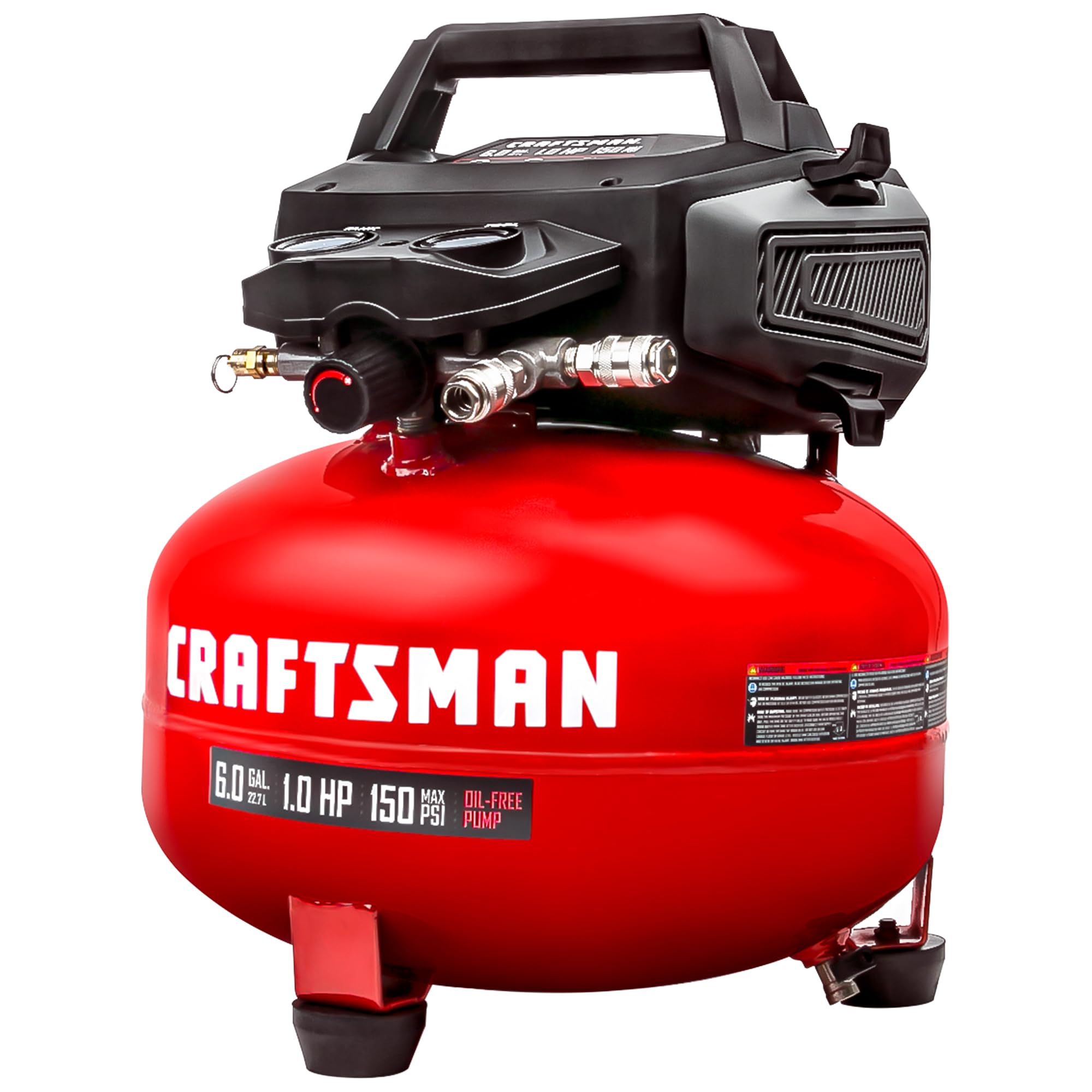 Craftsman 6-gallon air compressor front view highlighting compact pancake design for home use