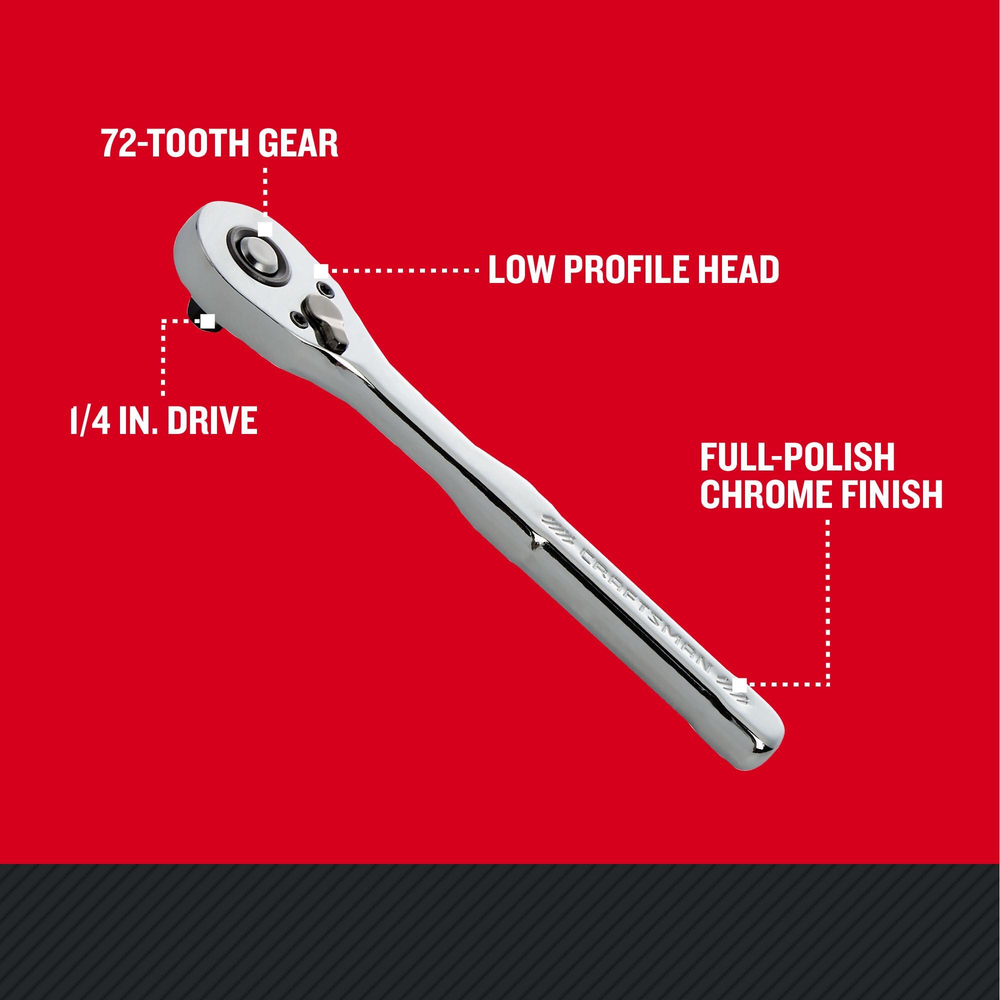 CRAFTSMAN 72-tooth ratchet demonstrates 5-degree arc for precise turning in confined areas