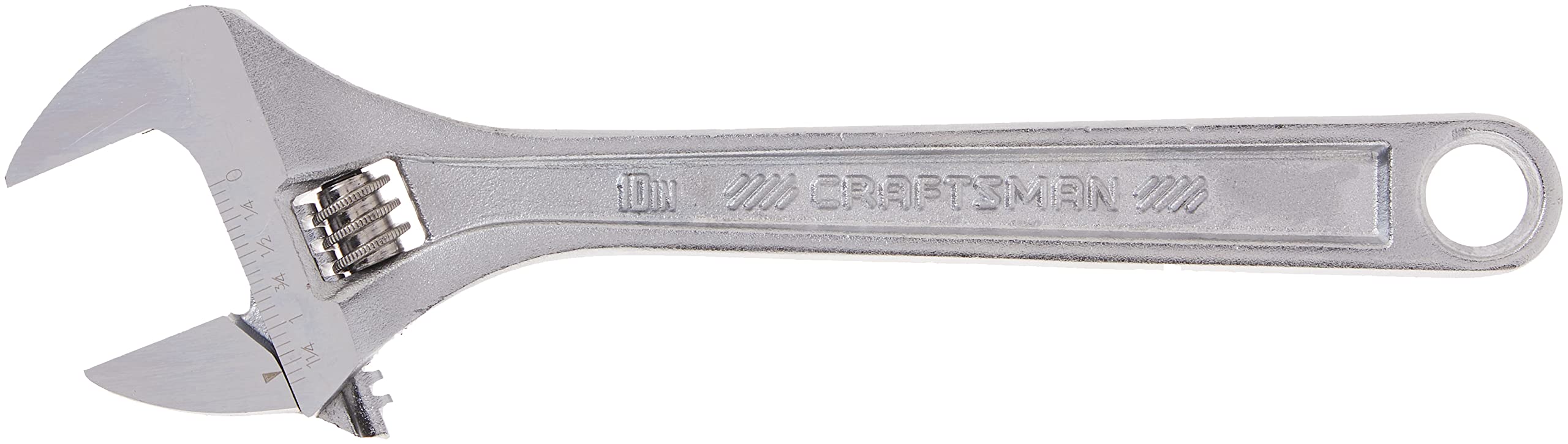 CRAFTSMAN 10-inch adjustable wrench with wide opening jaw for versatile fastener access.