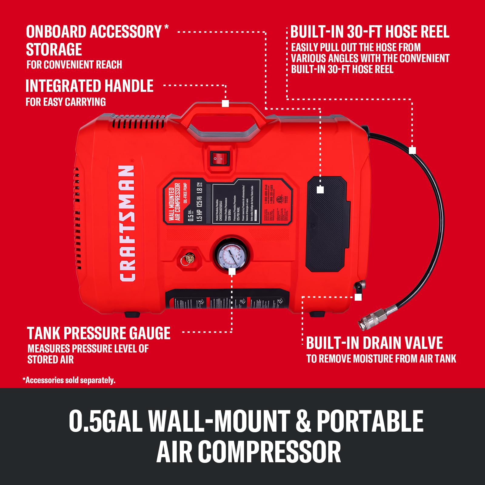 CRAFTSMAN 1.5HP air compressor delivers up to 125 PSI for versatile DIY tasks.