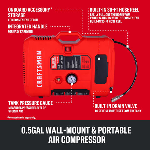 CRAFTSMAN 1.5HP air compressor delivers up to 125 PSI for versatile DIY tasks.