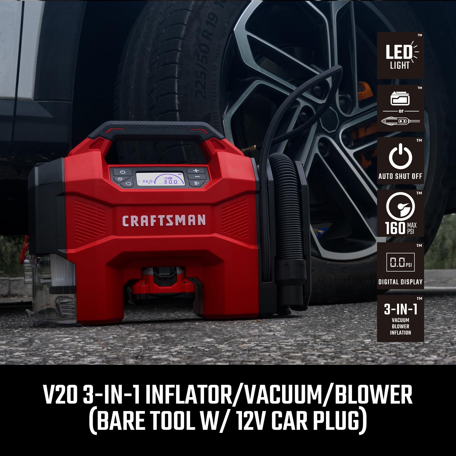 CRAFTSMAN digital gauge with LED display showing real-time pressure readings.