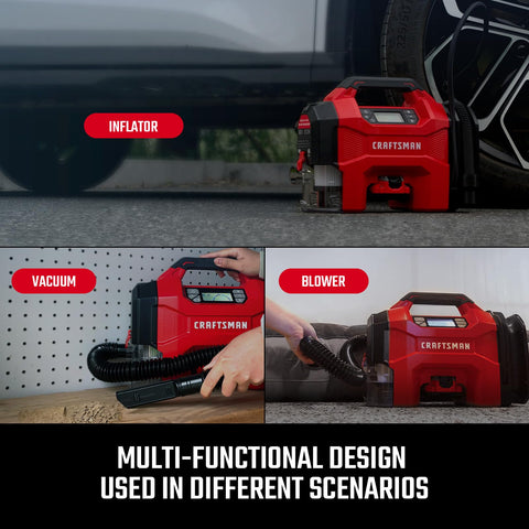 CRAFTSMAN dual-power setup enabling cordless use or car power on demand.