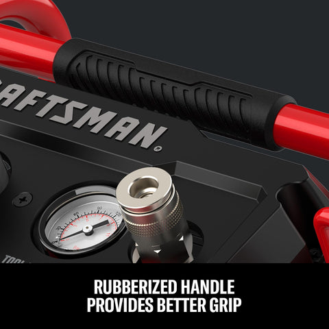 CRAFTSMAN air compressor inflating tires and powering small tools on the job.