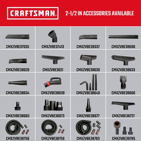Craftsman maximum airflow with 2-1/2in hose enables larger debris pickup.