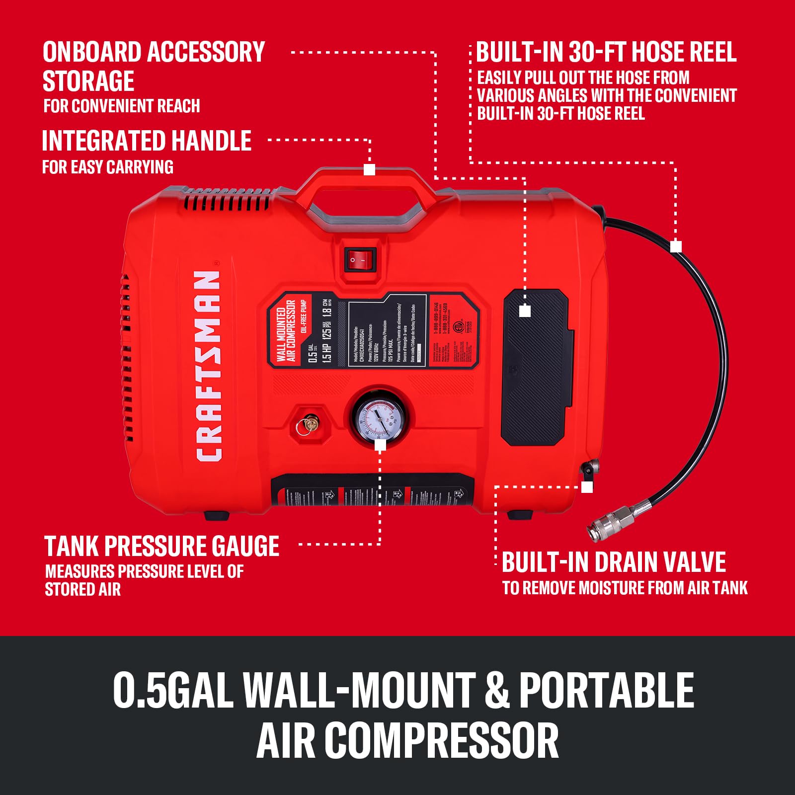 Craftsman retractable 30ft air hose stretched to reach tools across the workspace