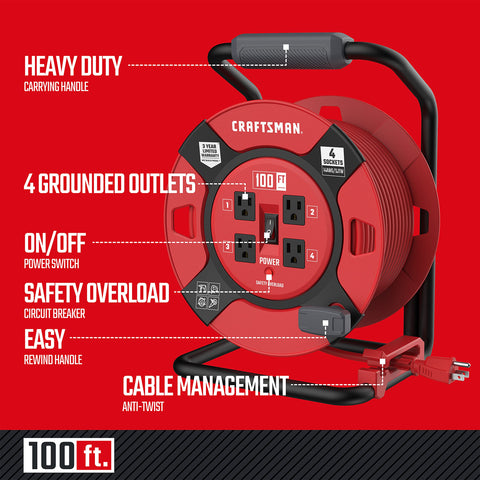 Craftsman retractable reel in use outdoors showing outlets and power access