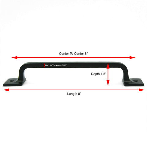 Craftsman Road pull handle installation close-up, showing the 8-inch center-to-center spacing.