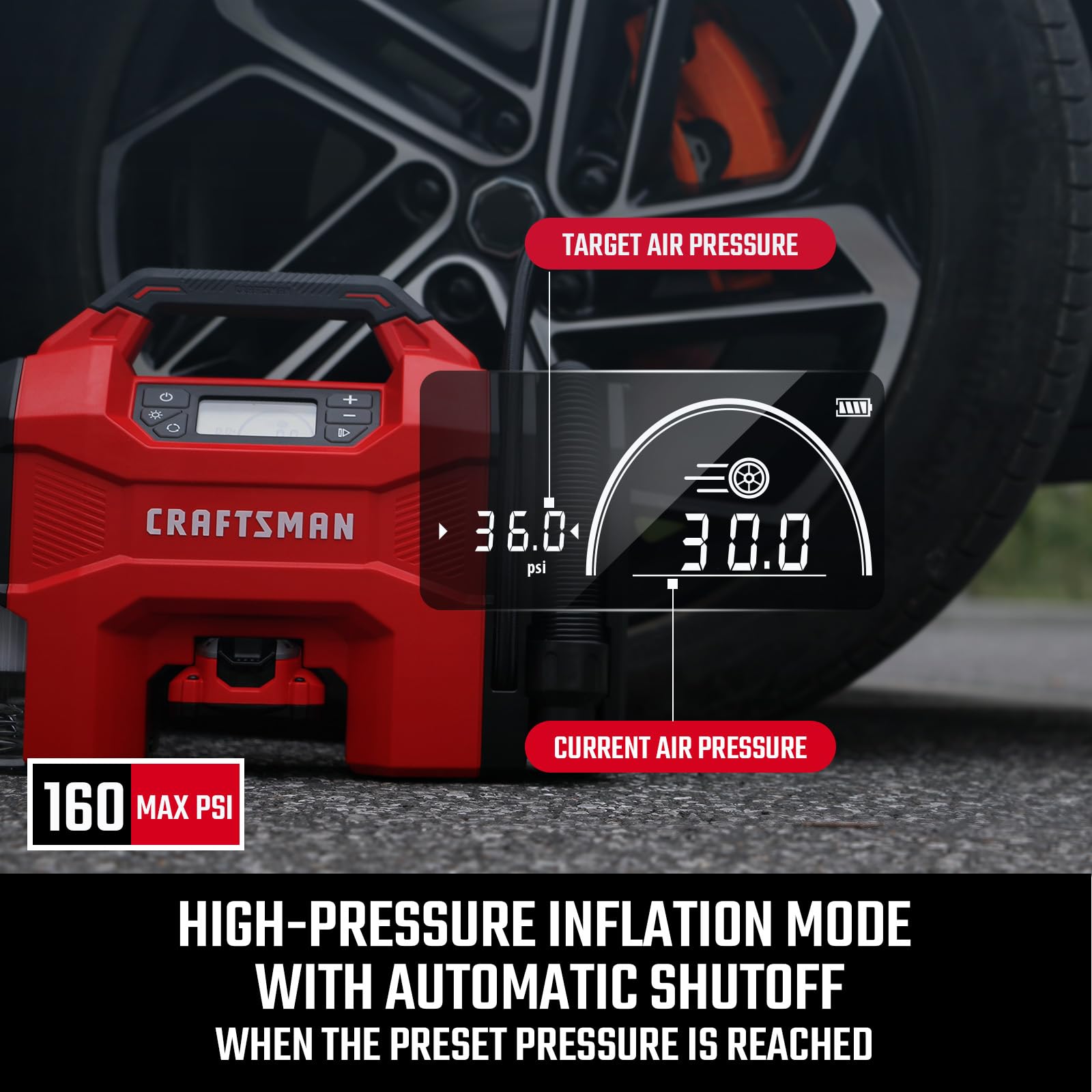 CRAFTSMAN tire inflation with auto-off for precise, safe topping up.