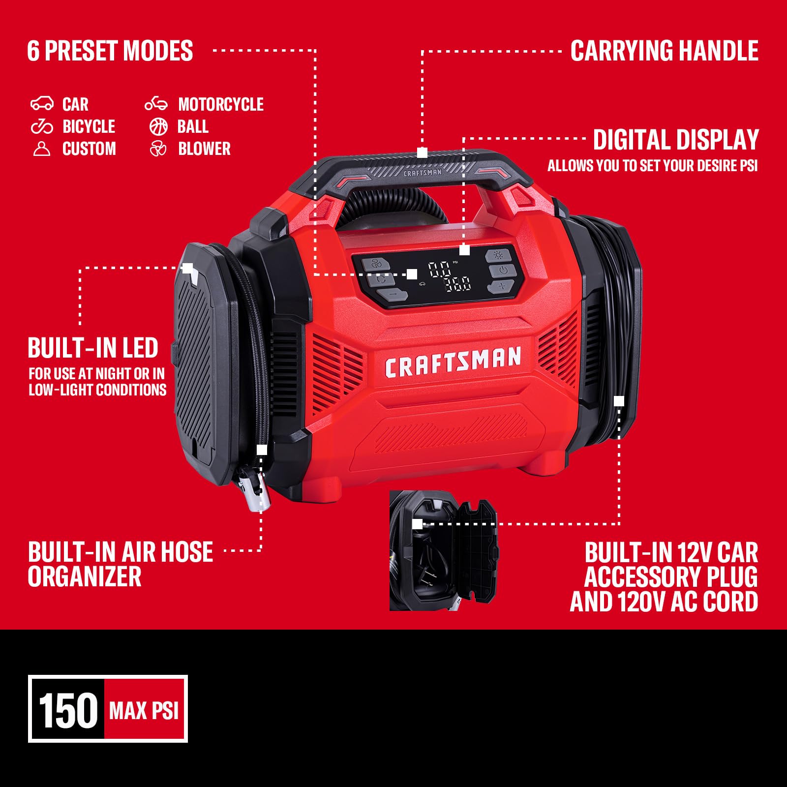 CRAFTSMAN tire inflator included accessories organized in the box.