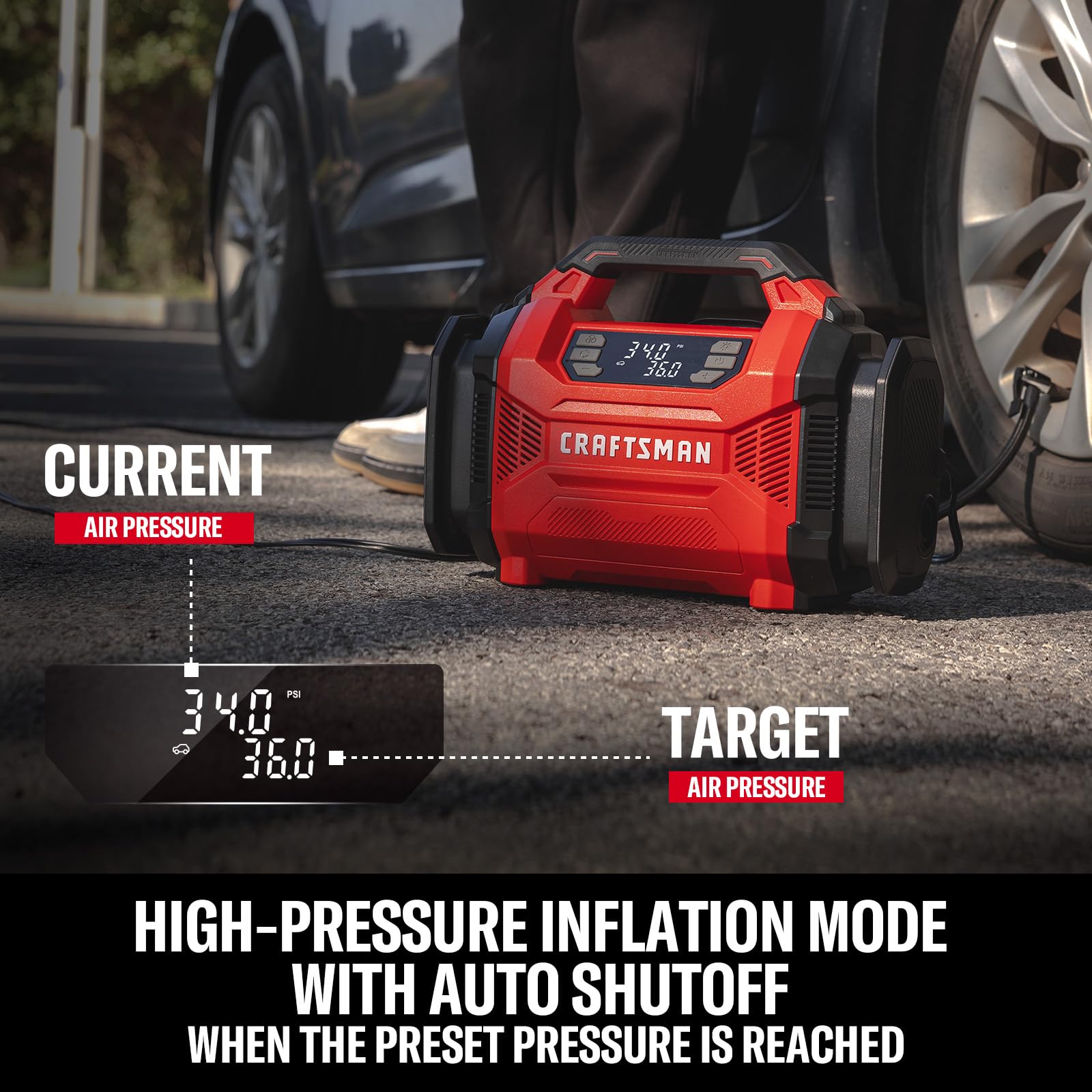 CRAFTSMAN tire inflator auto shut-off prevents overinflation during use.
