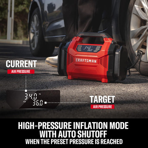 CRAFTSMAN tire inflator auto shut-off prevents overinflation during use.