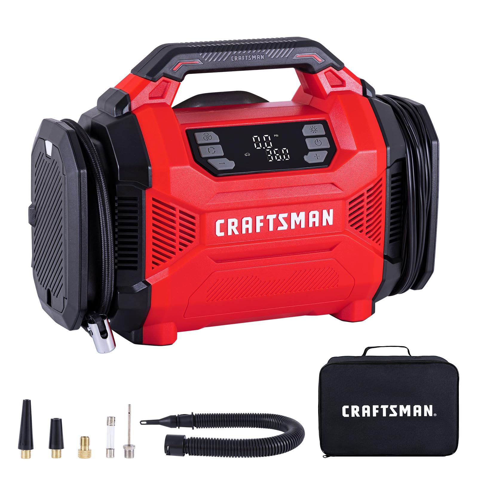 CRAFTSMAN tire inflator compact front view, ready for quick roadside checks.