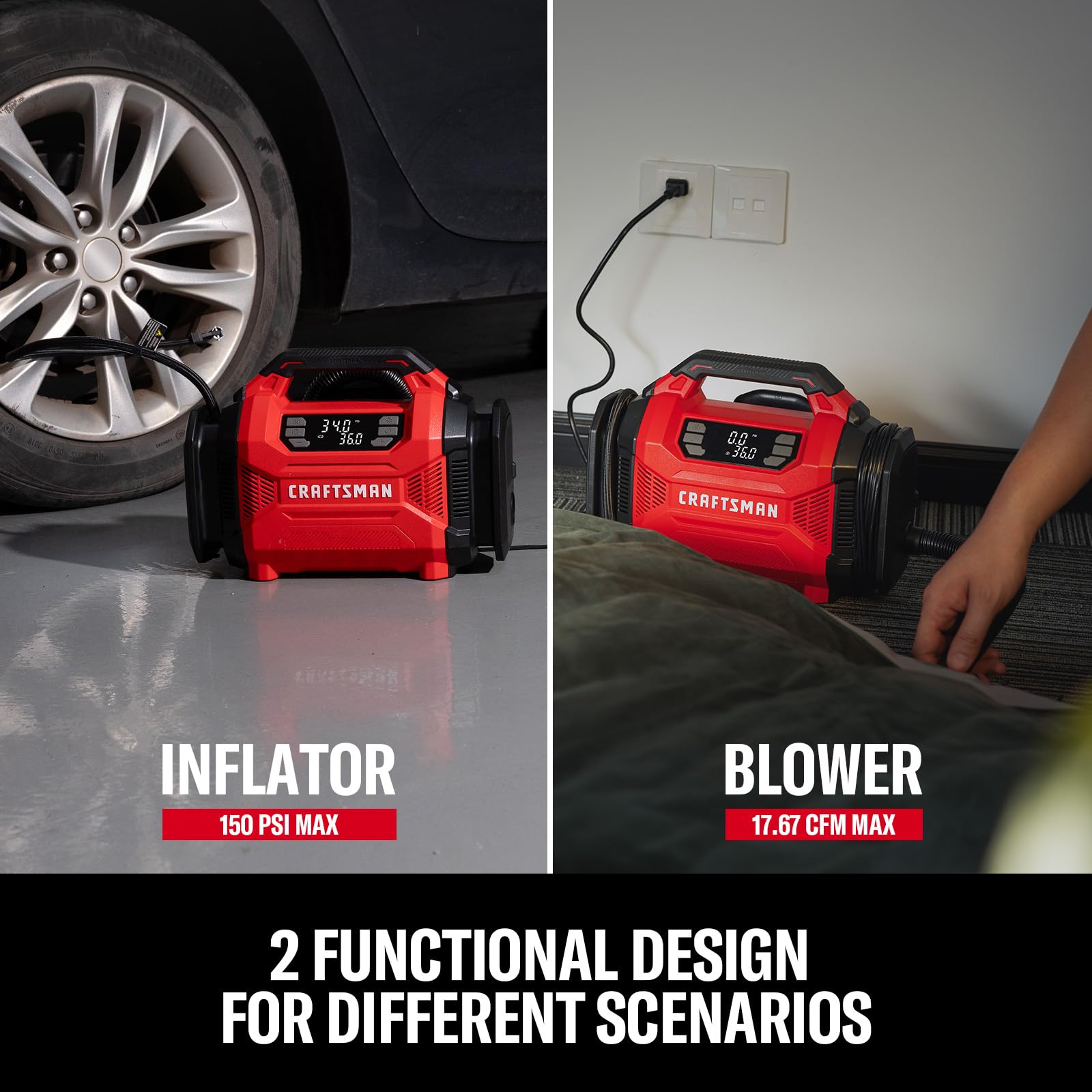 CRAFTSMAN tire inflator digital gauge displays PSI clearly for precise filling.