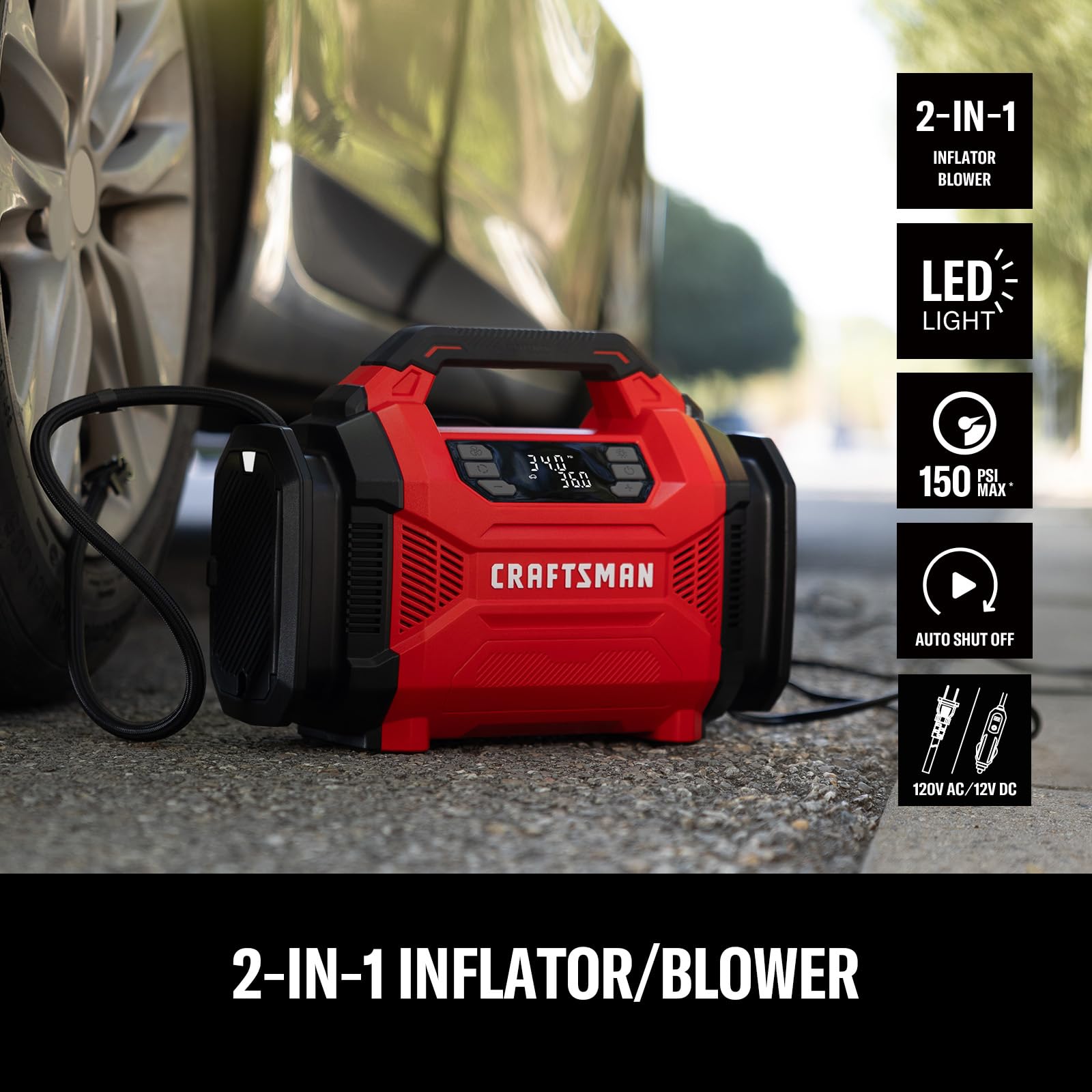 CRAFTSMAN tire inflator dual power port demonstrates versatile power sources for home and road.