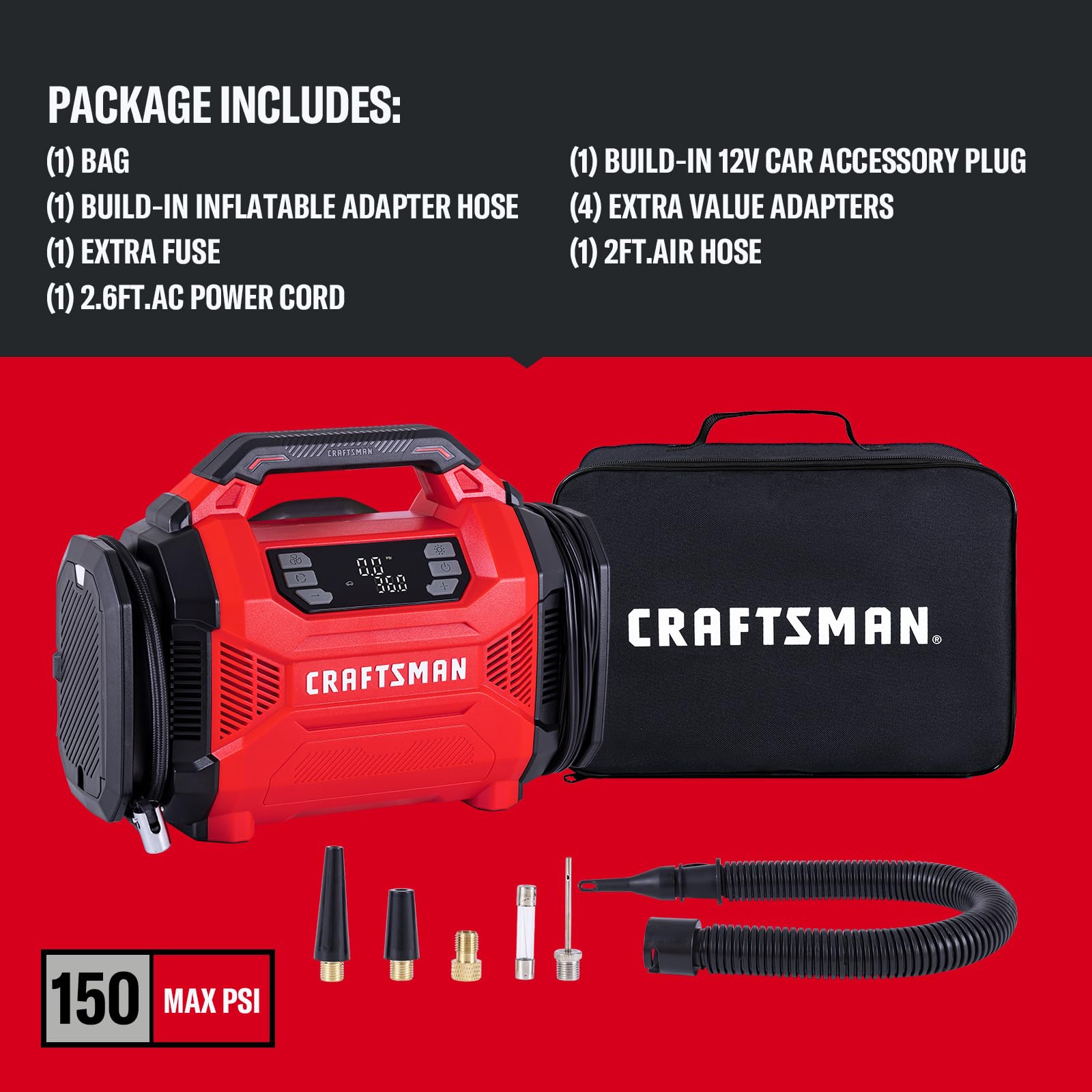 CRAFTSMAN tire inflator in use on a vehicle with the hood open for maintenance.