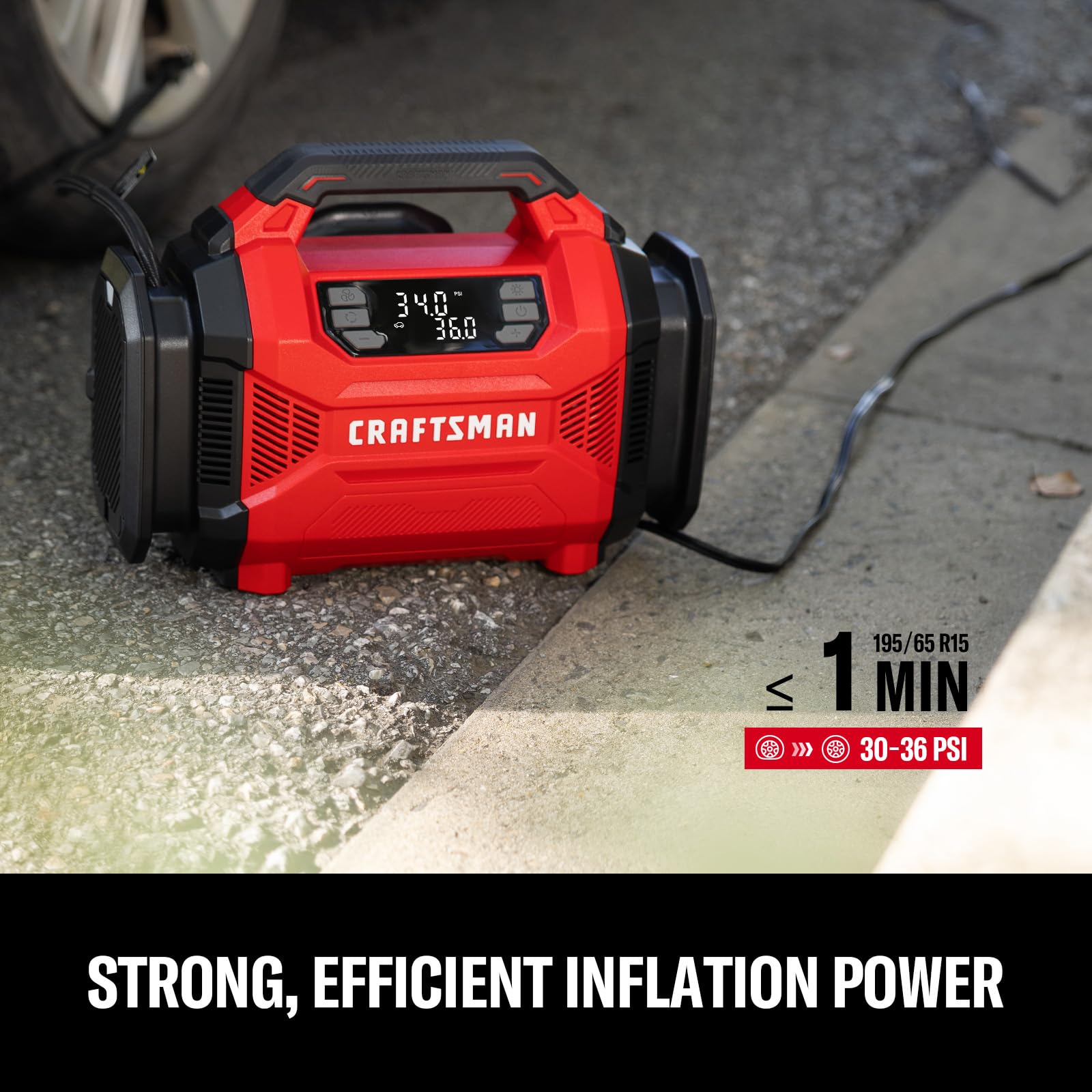 CRAFTSMAN tire inflator LED light aids night-time inflation tasks.