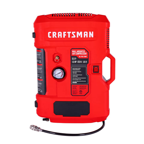 CRAFTSMAN Tire Inflator with wall-mount and retractable hose enables quick tire inflation at home.