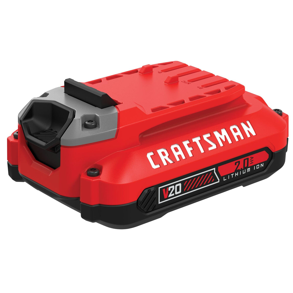 Craftsman V20 2.0Ah battery front view for reliable cordless power.